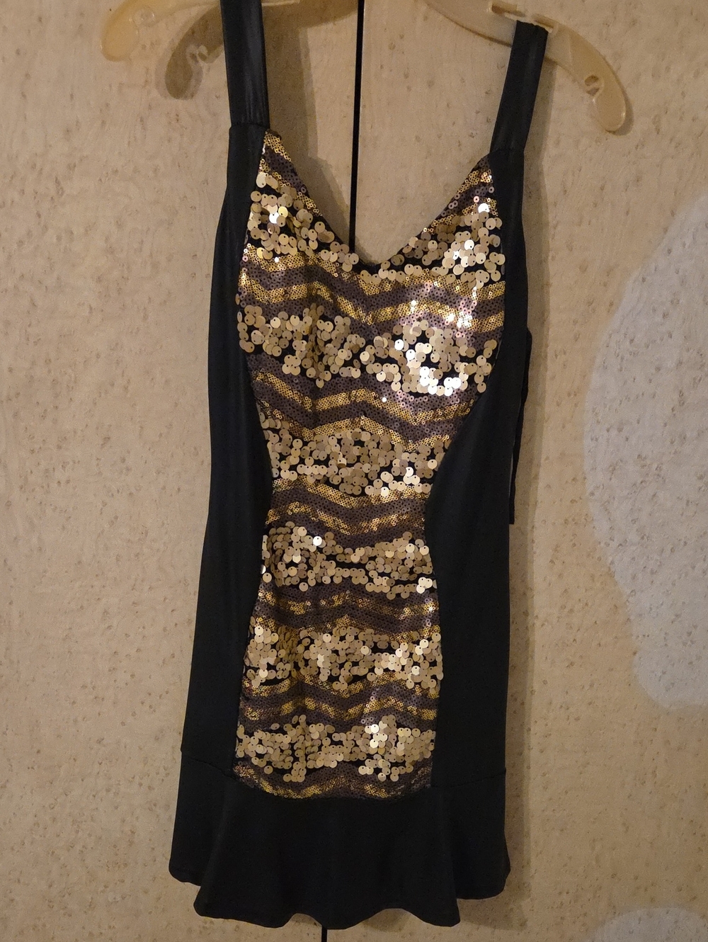 easel Black Mini Dress with Gold Sequin Chevron Front